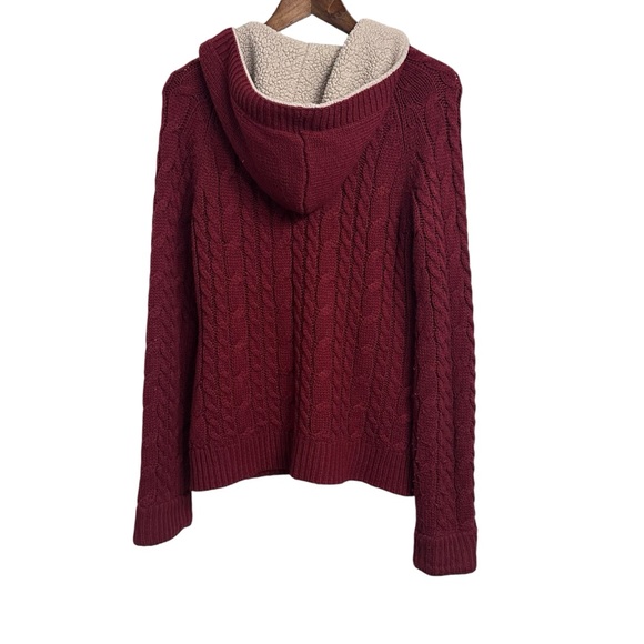 Cabelas Cardigan Sweater Womens Medium Red Sherpa Lined Hood Toggle Cable Knit - Picture 3 of 9